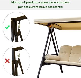 Dondolò da Giardino 3 Posti in Metallo, Dondolò da Esterno con Tetto Inclinabile e Cuscini Imbottiti, 208X121X172 Cm, Beige