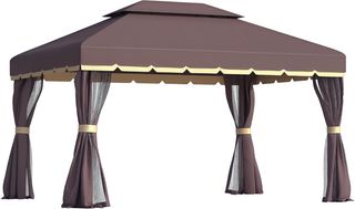 Gazebo da Giardino 3,9x2,9m in Alluminio con Doppio Tetto, Zanzariera e Teloni Laterali, Colore Marrone