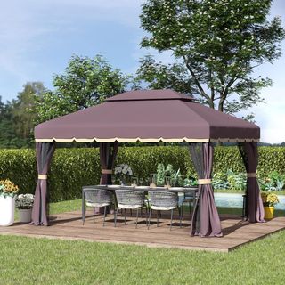 Gazebo da Giardino 3,9x2,9m in Alluminio con Doppio Tetto, Zanzariera e Teloni Laterali, Colore Marrone