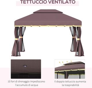 Gazebo da Giardino 3,9x2,9m in Alluminio con Doppio Tetto, Zanzariera e Teloni Laterali, Colore Marrone