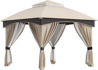 Gazebo da Giardino 3x3 M in Acciaio con Doppio Tetto, Reti e Tende Incluse, Beige e Marrone