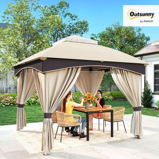 Gazebo da Giardino 3x3 M in Acciaio con Doppio Tetto, Reti e Tende Incluse, Beige e Marrone