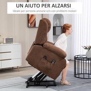 Sillón Elevador Eléctrico Con Mando A Distancia, Sillón Relax Masajeador Y Reclinable En Tela Con Reposapiés Y Bolsillos Laterales, 91X93X103Cm, Marrón