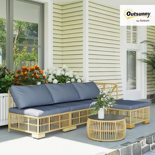 Salotto in rattan da esterno, set da giardino con divano modulare, cuscini e tavolino con vetro, grigio