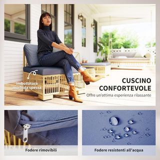 Salotto in rattan da esterno, set da giardino con divano modulare, cuscini e tavolino con vetro, grigio