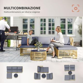 Salotto in rattan da esterno, set da giardino con divano modulare, cuscini e tavolino con vetro, grigio