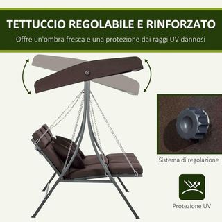 Dondolino da Giardino a 3 Posti con Tetto Regolabile e 3 Cuscini, Dondolino da Esterno con Sedile Traspirante in Textilene e Metallo, Capacità Fino a 270 Kg, 198X118X168 Cm, Marrone
