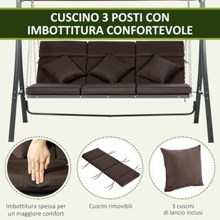Dondolino da Giardino a 3 Posti con Tetto Regolabile e 3 Cuscini, Dondolino da Esterno con Sedile Traspirante in Textilene e Metallo, Capacità Fino a 270 Kg, 198X118X168 Cm, Marrone
