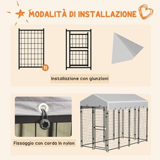 Recinto per Cani da Esterno, Kennel con Tetto Anti-UV Impermeabile e Porta a 2 Sezioni, Gabbia in Metallo per Cani Grandi, 239X121X183Cm, Argento
