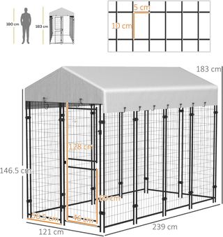 Recinto per Cani da Esterno, Kennel con Tetto Anti-UV Impermeabile e Porta a 2 Sezioni, Gabbia in Metallo per Cani Grandi, 239X121X183Cm, Argento