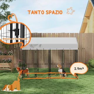 Recinto per Cani da Esterno, Kennel con Tetto Anti-UV Impermeabile e Porta a 2 Sezioni, Gabbia in Metallo per Cani Grandi, 239X121X183Cm, Argento