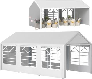 Gazebo da Giardino 6x3 m con Finestre Laterali, Tenda per Feste con 3 Camere con Porte a Cerniera e Rivestimento Anti UV, Bianco