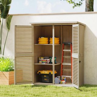 Armario De Jardín Portaobjetos A 2 Estantes Con Estacas, Casetas De Jardín De Madera De Abeto Con Techo De Asfalto Impermeable, 127X65X159.5/168 Cm, Color Madera