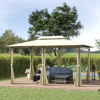 Gazebo da Giardino 3x4 M con Tende e Tetto a 2 Livelli in Acciaio e Poliestere, Bianco Crema