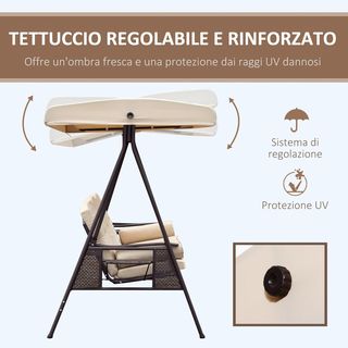Dondolino da Giardino per 3 Persone con Tetto Regolabile, Portabicchieri e Cuscini, Dondolino Esterno in Metallo e Poliestere, 208X121X172 Cm, Beige