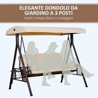 Dondolino da Giardino per 3 Persone con Tetto Regolabile, Portabicchieri e Cuscini, Dondolino Esterno in Metallo e Poliestere, 208X121X172 Cm, Beige