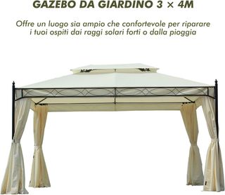 Gazebo da Giardino 3X4M in Acciaio con Doppio Tetto e 4 Tende Laterali Crema