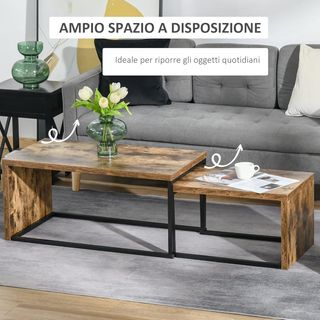 Set di 2 tavolini da salotto impilabili e salvaspazio in stile industriale, in MDF e metallo, marrone e nero