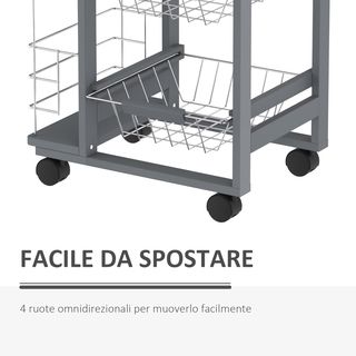 Carrello da Cucina con 3 Cassetti Estraibili, Un Cassetto e 2 Portabottiglie, Organizzatore in Legno di Pino e Metallo, 47x37x83 cm, Colore Rovere e Grigio