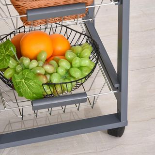 Carrello da Cucina con 3 Cassetti Estraibili, Un Cassetto e 2 Portabottiglie, Organizzatore in Legno di Pino e Metallo, 47x37x83 cm, Colore Rovere e Grigio