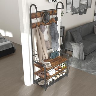 Porta Abbigliamento con Barra, 10 Ganci Mobili, Banco e Scarpiera a 2 Livelli, Mobile Porta Abbigliamento in Agglomerato e Metallo, Design Industriale, 80x40x182 cm, Marrone e Nero