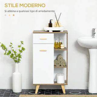 Mueble De Baño Moderno Con Armario, Cajón Y Estantes De Madera, Armario De Baño Multiusos Ahorra Espacio Con Base Elevada, 50X30X89 Cm, Blanco