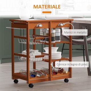 Carro De Cocina Multiusos De Madera De Pino 74 X 37 X 76Cm Marrón Claro