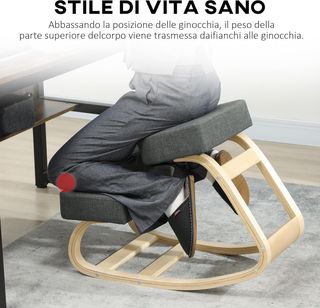 Sedia ergonomica con ginocchiera e movimento di oscillazione, sedia posturale imbottita moderna in legno di abete e poliestere, 51X69X58 cm, grigio