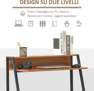 Scrivania moderna a 2 livelli per camera e ufficio, mobili in legno e metallo, 84X45X85Cm, nero e noce