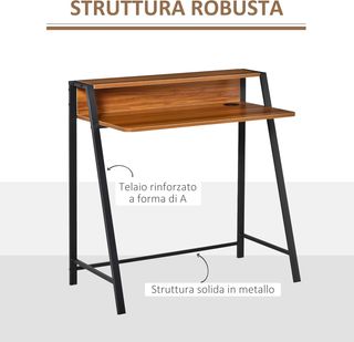 Scrivania moderna a 2 livelli per camera e ufficio, mobili in legno e metallo, 84X45X85Cm, nero e noce