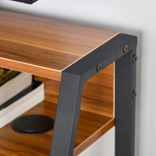 Scrivania moderna a 2 livelli per camera e ufficio, mobili in legno e metallo, 84X45X85Cm, nero e noce