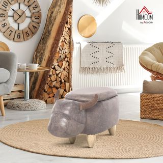 Pouf Contenitore a Forma di Bufalo, Pouf Moderno per Soggiorno, Sgabello Poggiapiedi, Struttura in Legno, Seduta Imbottitura, 62X35X36Cm, Marrone