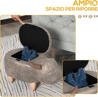 Pouf Contenitore a Forma di Bufalo, Pouf Moderno per Soggiorno, Sgabello Poggiapiedi, Struttura in Legno, Seduta Imbottitura, 62X35X36Cm, Marrone