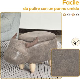 Pouf Contenitore a Forma di Bufalo, Pouf Moderno per Soggiorno, Sgabello Poggiapiedi, Struttura in Legno, Seduta Imbottitura, 62X35X36Cm, Marrone