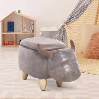 Pouf Contenitore a Forma di Bufalo, Pouf Moderno per Soggiorno, Sgabello Poggiapiedi, Struttura in Legno, Seduta Imbottitura, 62X35X36Cm, Marrone