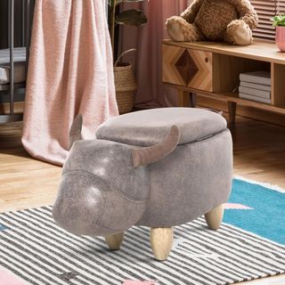 Pouf Contenitore a Forma di Bufalo, Pouf Moderno per Soggiorno, Sgabello Poggiapiedi, Struttura in Legno, Seduta Imbottitura, 62X35X36Cm, Marrone