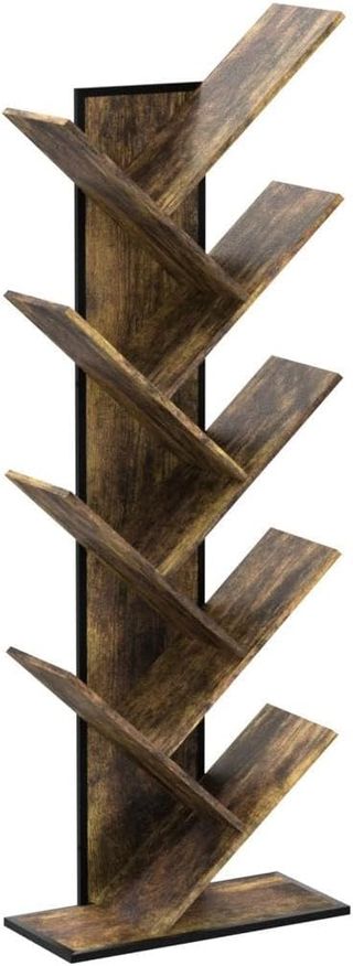 Libreria ad Albero in Legno, Scaffale Salvaspazio a Colonna con 10 Ripiani in Stile Industriale, 50X28X142Cm