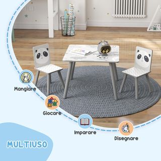 Juego de 3 Piezas con Mesa y 2 Sillas para Niños de 3 a 8 Años en MDF y Madera de Pino, Mesa para Niños y Sillas con Dibujos de Animales, Gris