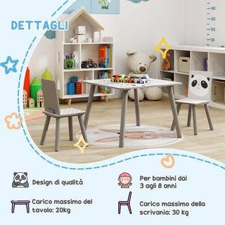 Juego de 3 Piezas con Mesa y 2 Sillas para Niños de 3 a 8 Años en MDF y Madera de Pino, Mesa para Niños y Sillas con Dibujos de Animales, Gris