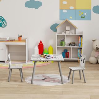 Juego de 3 Piezas con Mesa y 2 Sillas para Niños de 3 a 8 Años en MDF y Madera de Pino, Mesa para Niños y Sillas con Dibujos de Animales, Gris