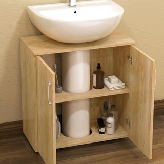Mueble de Baño Sottolavabo Moderno, Armario Suspendido de 2 Puertas Con 2 Estantes e Intaglio en U en Madera, para Lavabos Con O Sin Columna, Color Natural