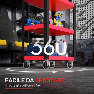 Carrello portautensili a 3 ripiani con bordi rialzati, ruote con freno e maniglia, carrello portautensili in metallo e PP, 70,5x35x82,5 cm, rosso e nero