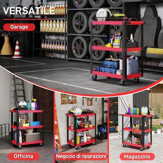 Carrello portautensili a 3 ripiani con bordi rialzati, ruote con freno e maniglia, carrello portautensili in metallo e PP, 70,5x35x82,5 cm, rosso e nero