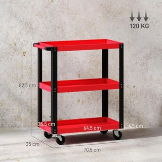 Carrello portautensili a 3 ripiani con bordi rialzati, ruote con freno e maniglia, carrello portautensili in metallo e PP, 70,5x35x82,5 cm, rosso e nero
