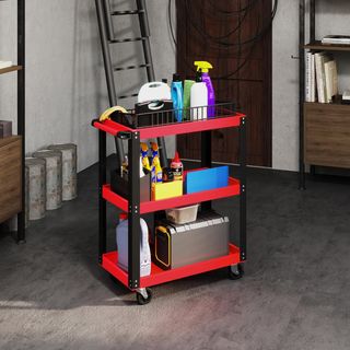 Carrello portautensili a 3 ripiani con bordi rialzati, ruote con freno e maniglia, carrello portautensili in metallo e PP, 70,5x35x82,5 cm, rosso e nero