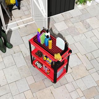 Carrello portautensili a 3 ripiani con bordi rialzati, ruote con freno e maniglia, carrello portautensili in metallo e PP, 70,5x35x82,5 cm, rosso e nero