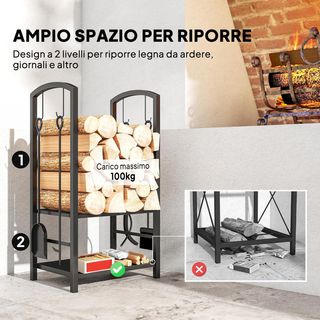 Portalegna elegante in metallo a 2 livelli con 4 utensili per camino robusto e di qualità 40X30X74.5Cm Nero