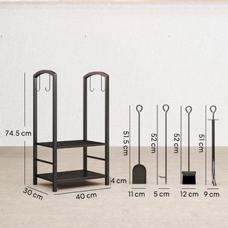 Portalegna elegante in metallo a 2 livelli con 4 utensili per camino robusto e di qualità 40X30X74.5Cm Nero