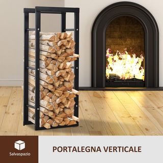 Porta legna verticale interno con capacità massima di 100 kg, legnaia per interni ed esterni in metallo, 40X25X100 cm, nero
