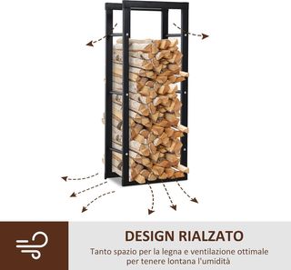 Porta legna verticale interno con capacità massima di 100 kg, legnaia per interni ed esterni in metallo, 40X25X100 cm, nero